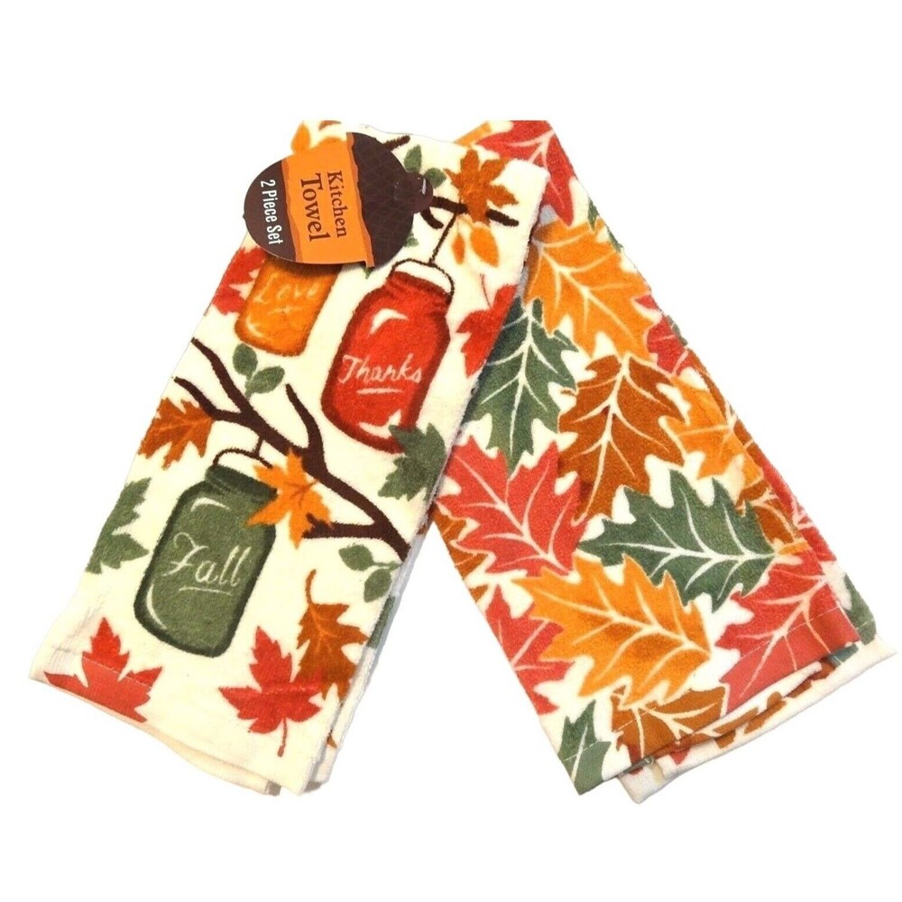 Mason Jar Lantern Kitchen Towels Autumn Leaves Orange Red Green Cream 2-Pc Gift